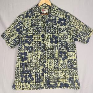 Hilo Hattie Hawaiian Original Batik Shirt Mens Large Short Sleeve Blue Yellow